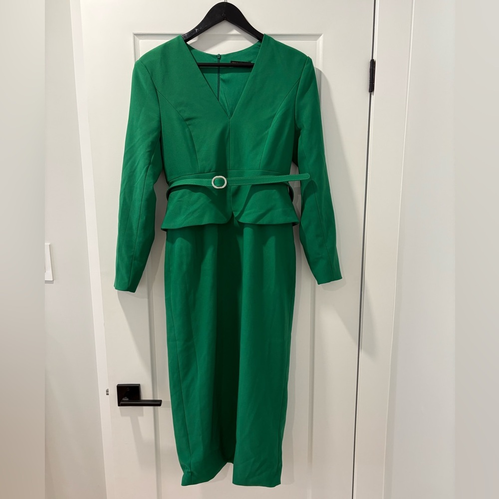 Green Suit Style V-Neck Peplum Belted Dress